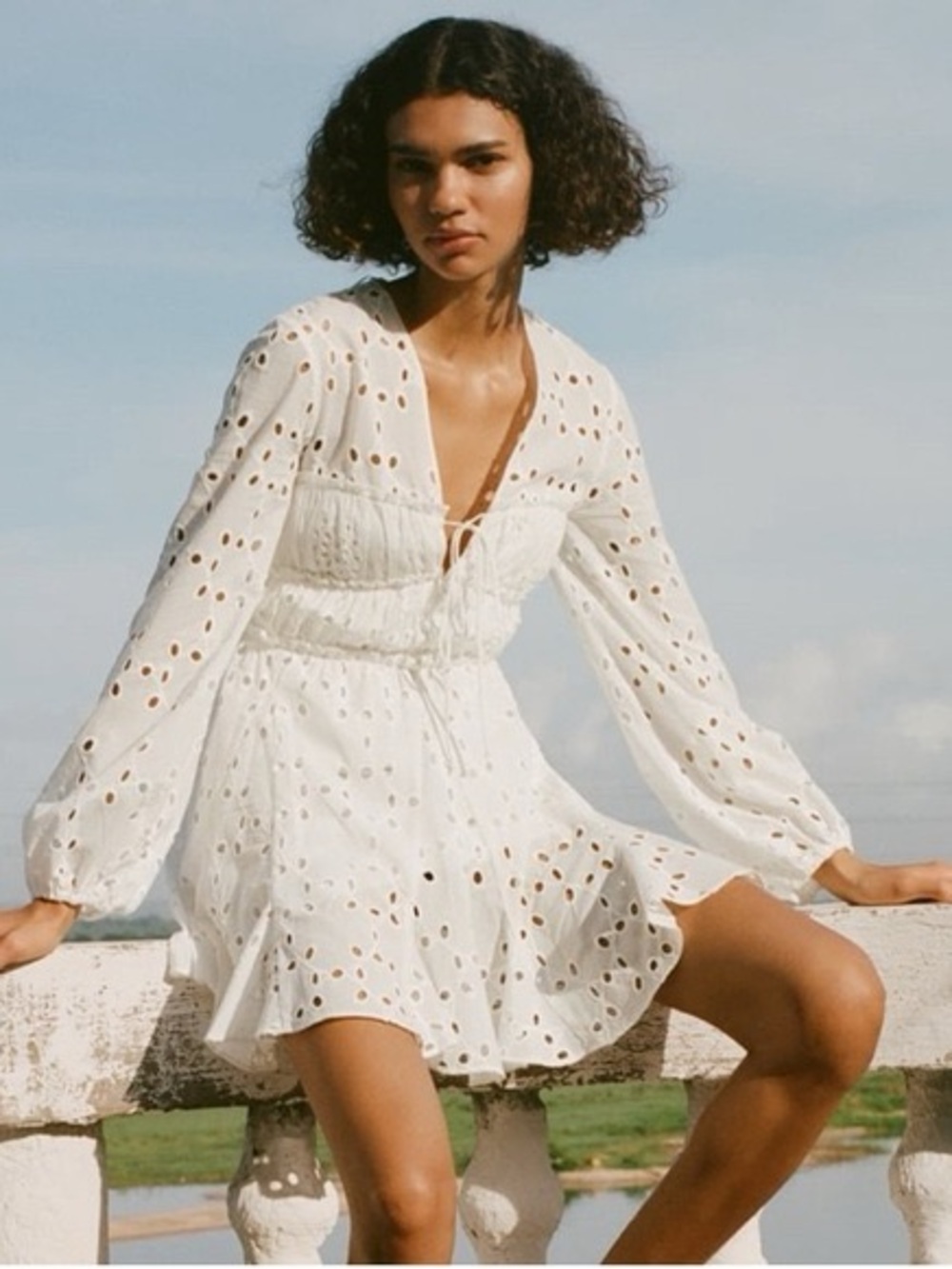 Zara White Eyelet Long-Sleeve Mini Dress